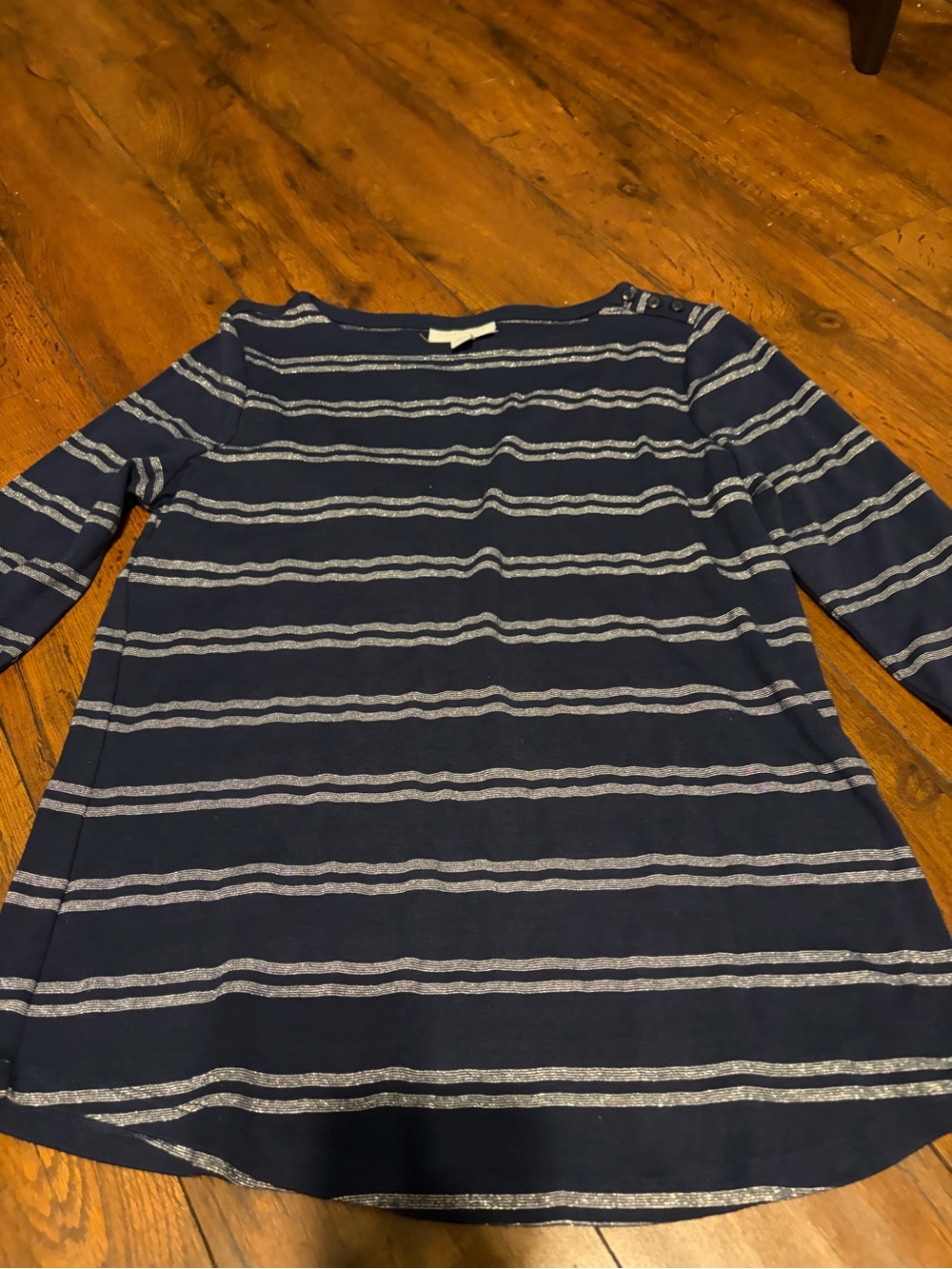 Charter Club Navy Blue and Silver Striped Boatneck Top- Med